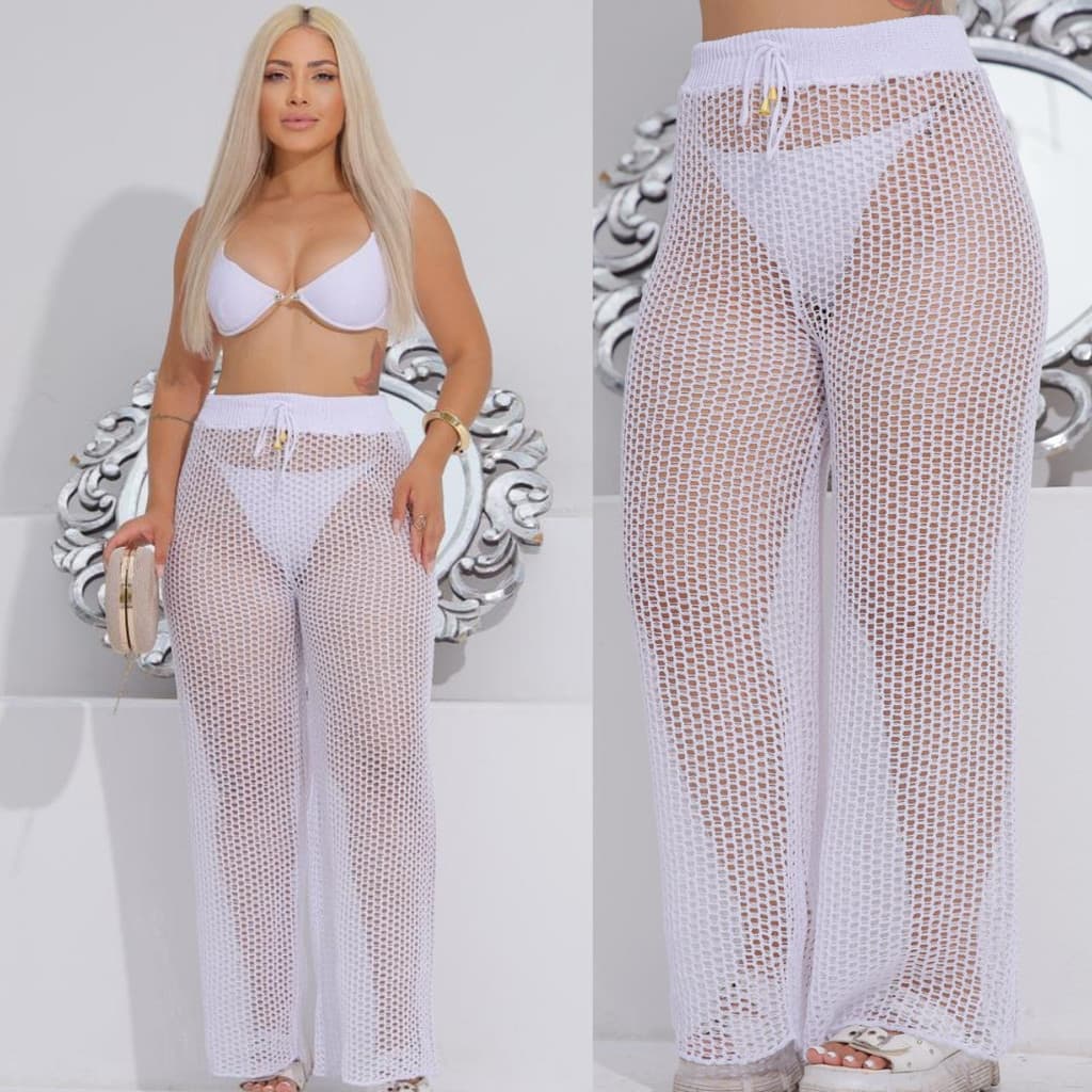 Saída de Praia Calça Tricot Feminina Crochê Tendência Pantalona Moda Verão