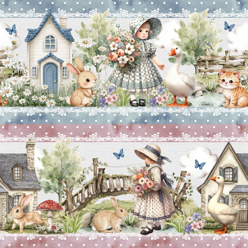 Tricoline Digital Barrado Menina Camponesa, 50cm x 1,50mt