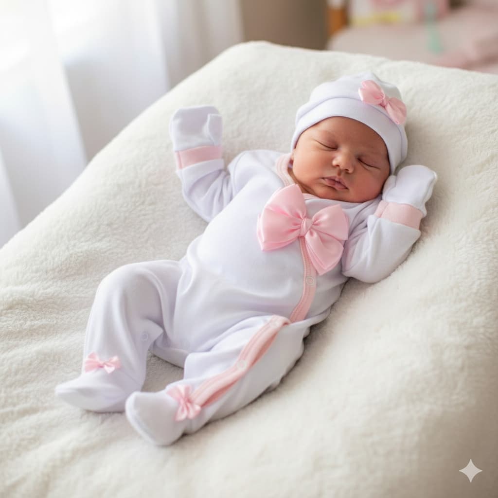 Kit 3 Peças Macacão Kimono Laço + Touca + Luvas