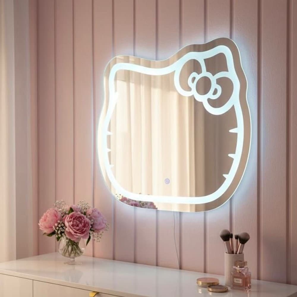 Espelho Jateado Gatinho Infantil Gato Hello Kitty 70x65cm Led Touch Três Tons Rosa Branco e Amarelo