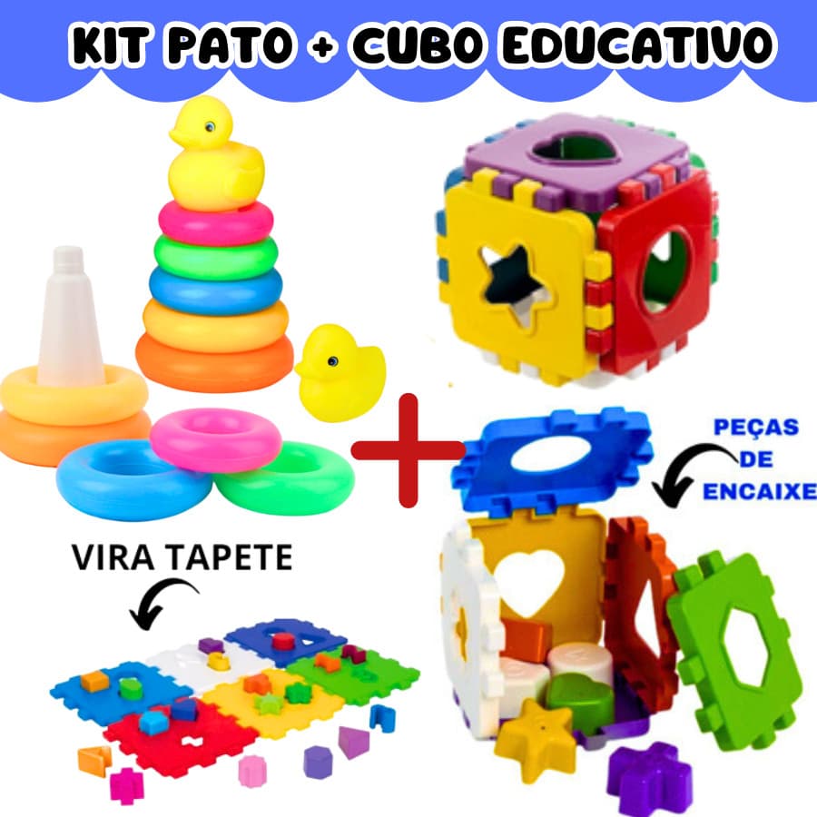 Brinquedo Infantil Pato de Argolas + Cubo Didatico Empilhar Criança Presente 1 Ano Menino e Menina