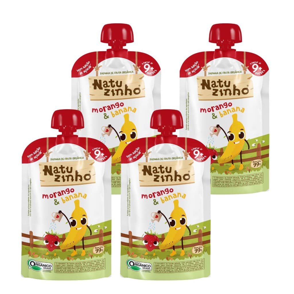 Kit Papinha Organica Natuzinho Morango Banana Bebe 4 unid