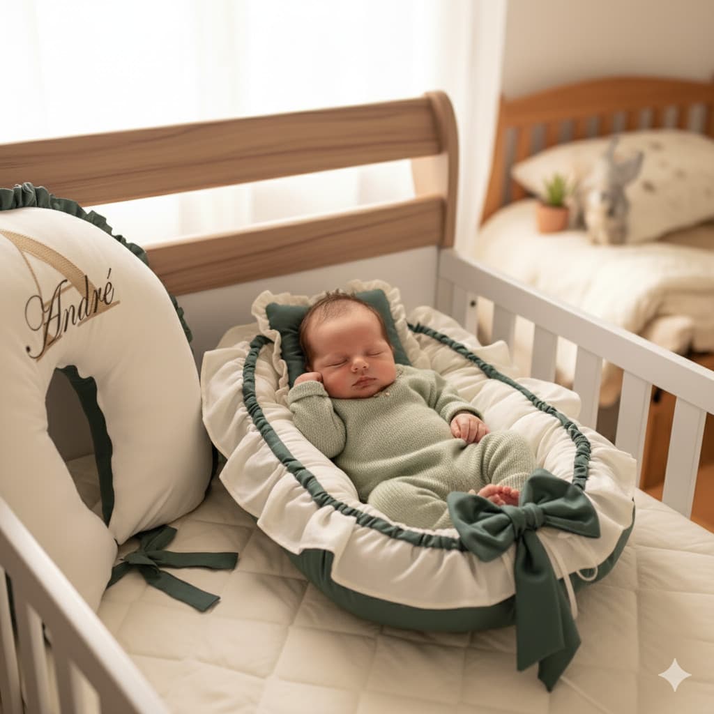 Ninho Redutor De Berço + Almofada de Amamentação com Babado e amarris PERSONALIZADO INICIAL E NOME