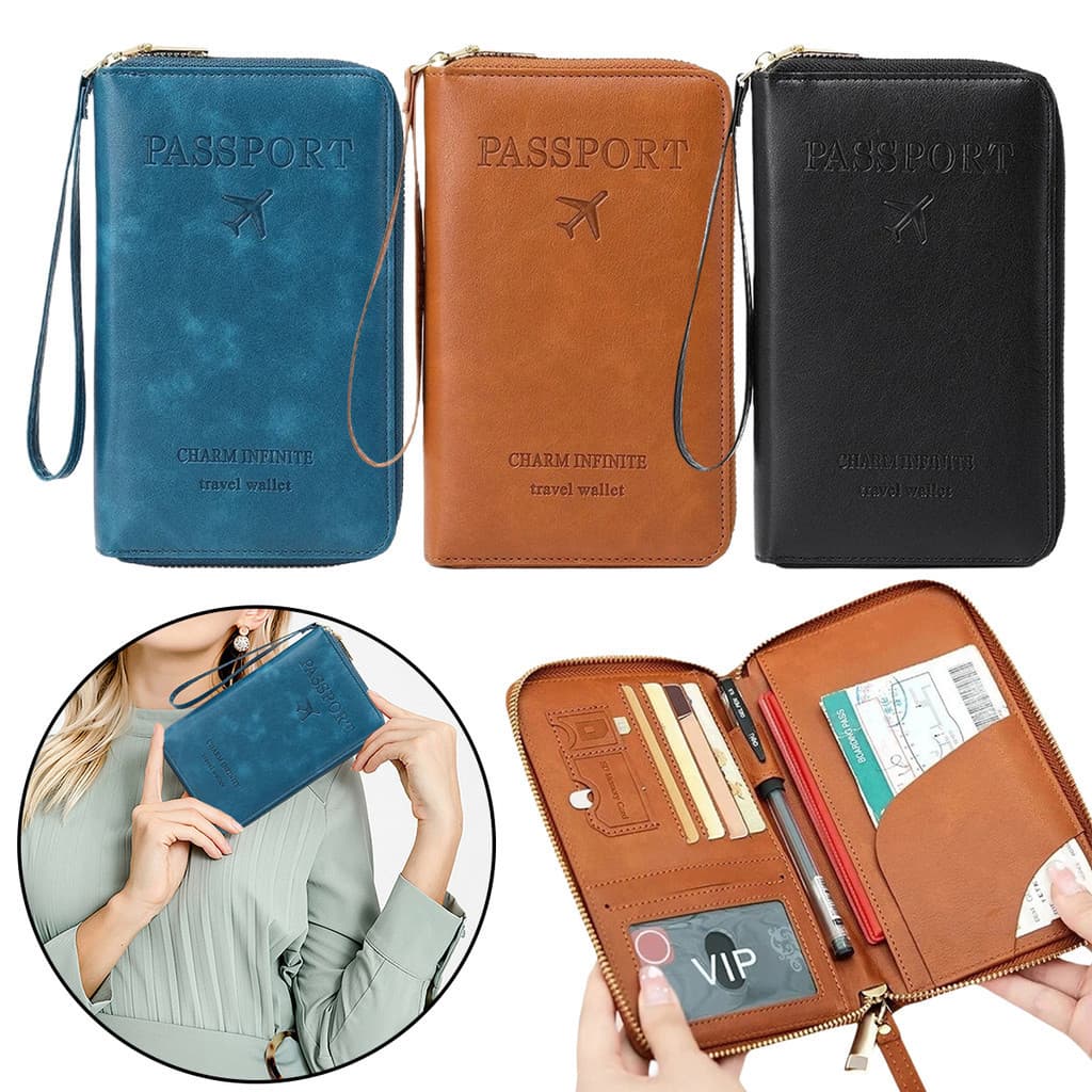 Carteira Multifuncional De Passaporte RFID Para Mulheres E Homens , Porta-Cartões De Couro PU , Estojo Viagens , Itens E