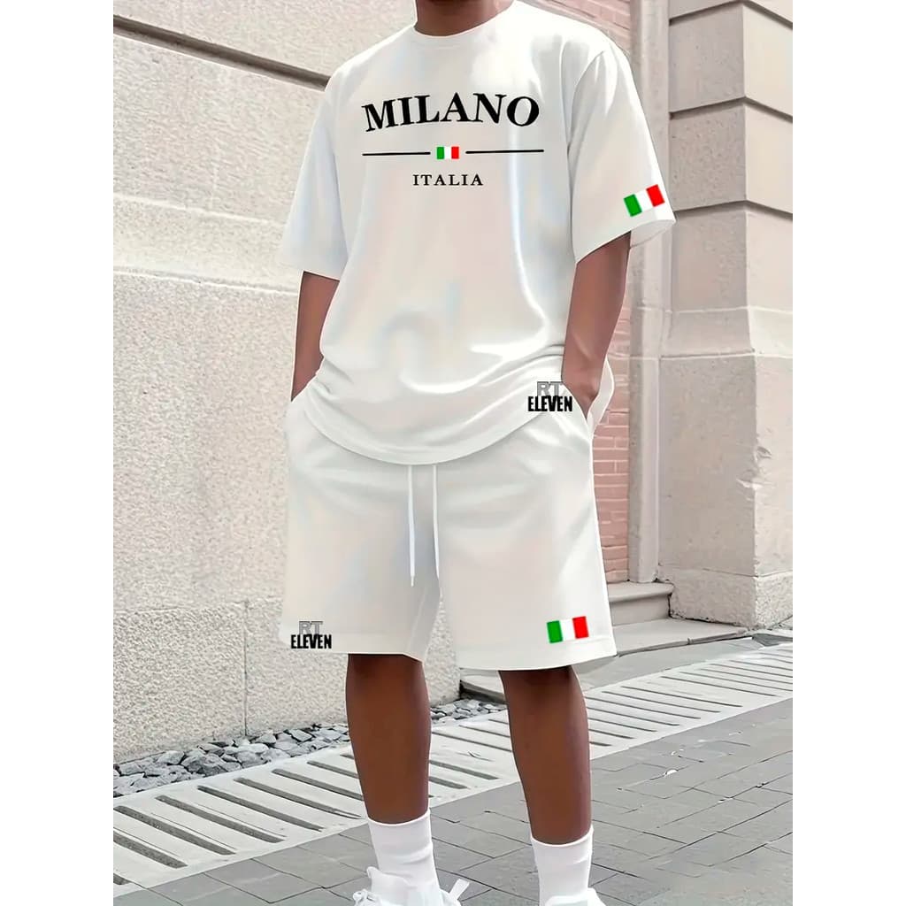 Conjunto Camiseta + Short Moletom Estampado Milano Itália Street Camiseta Malha Linha Premium + Short Mauricinho