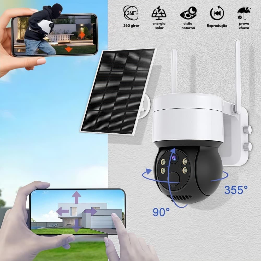 Câmera de carregamento solar esférica 360° para áreas externas, câmera profissional à prova d'água