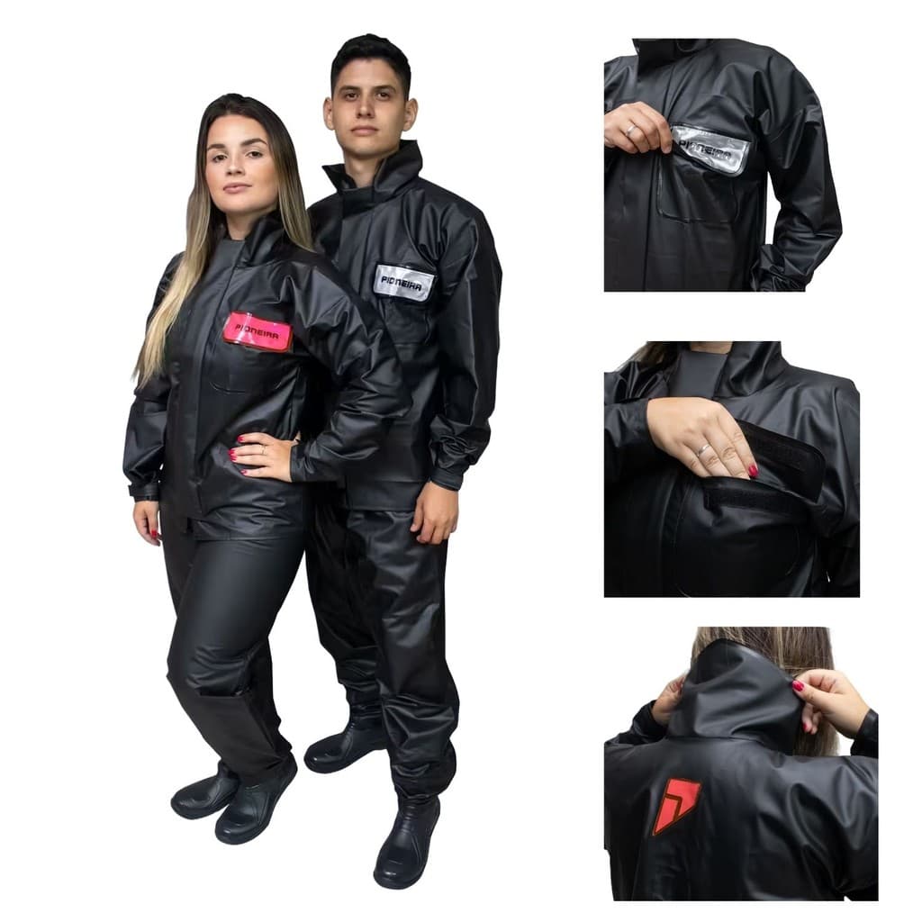 Capa De Chuva Moto Motoqueiro Pvc Masculina Feminina Com Bolso Externo e Gola Alta Pioneira
