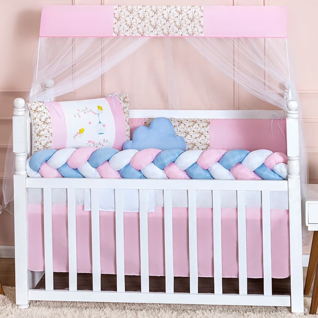 Kit Berço Jardim Encantado Trança Rosa e Azul Floral Nuvem Completo Americano Especial Baby