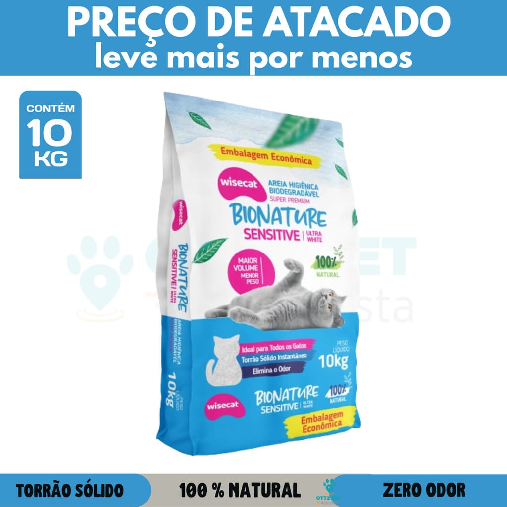 Kit Atacado Areia de Gato Mandioca Wisecat Bionature Sensitive – Granulação Fina