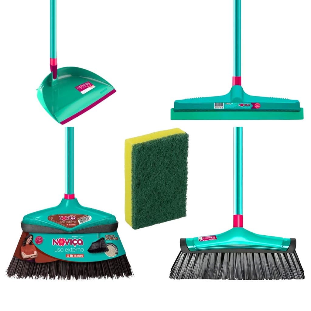 Kit Limpeza Noviça 1 Vassoura Externa 1 Vassoura Interna 1 Pá De Lixo 1 Rodo 1 Esponja Com Cabo