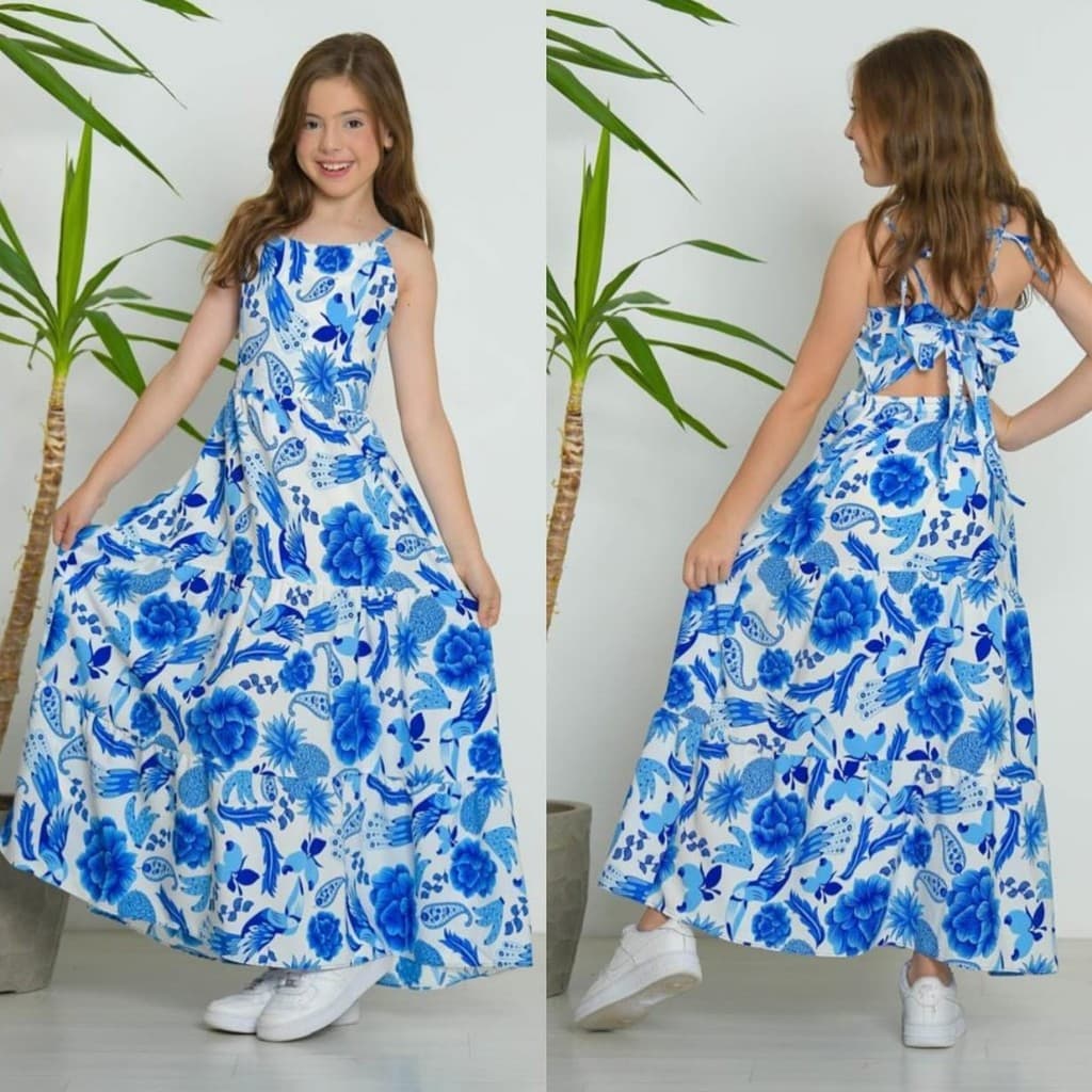 Vestido Longo infantil juvenil longo estampado Crepinho  Rodado alça Babadinho do 10 ao 16