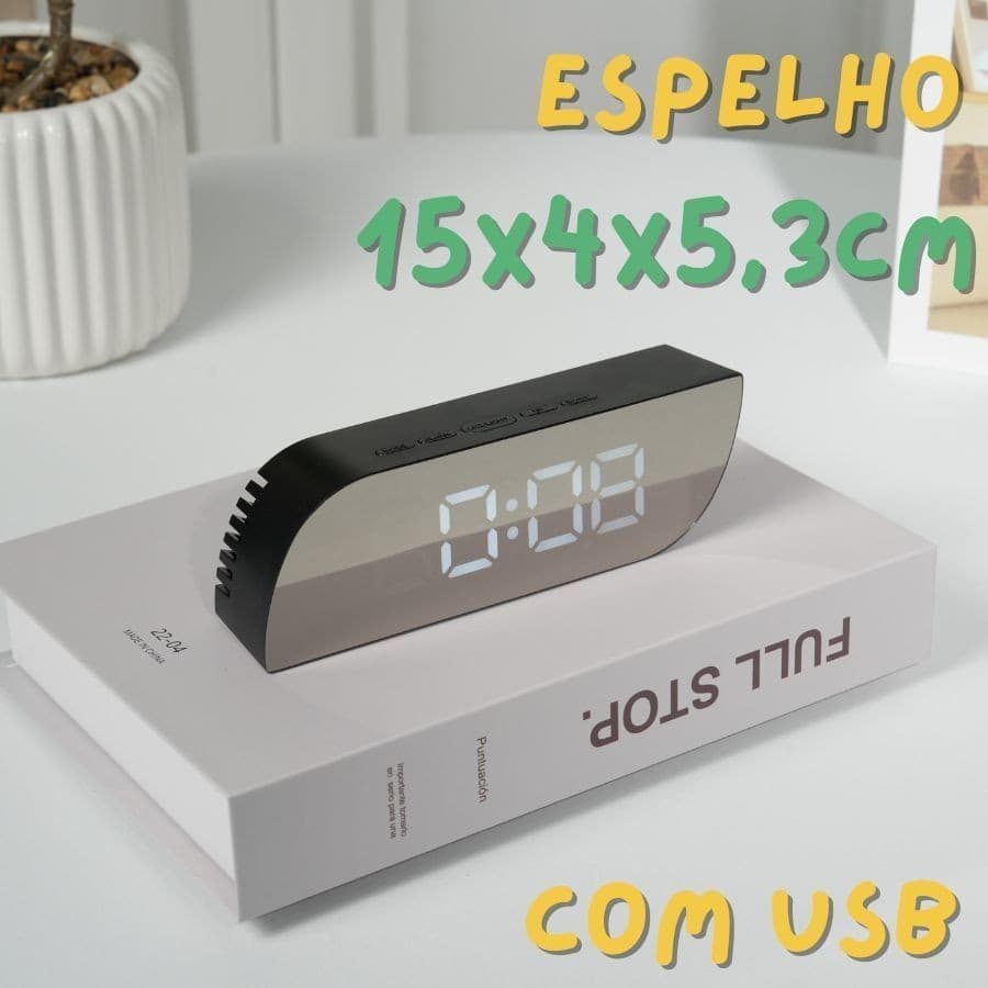 Relógio De Mesa Digital Com Espelho E USB 15x4x5,3 Led Despertador LCD Fonte Branco Data Calendário