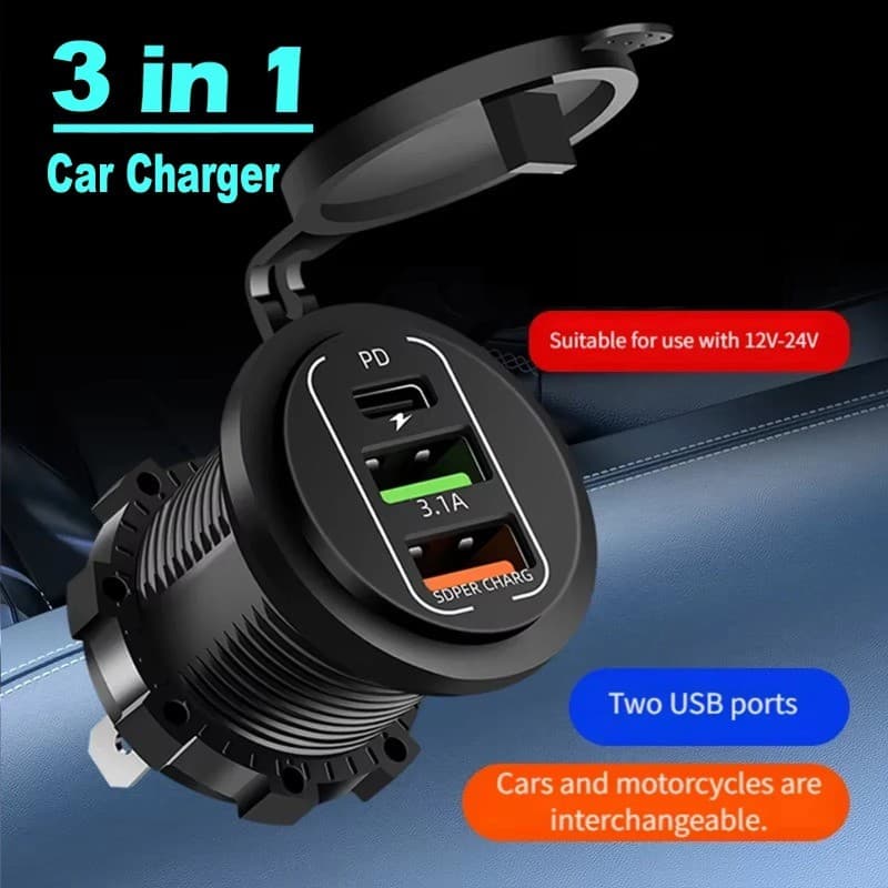 Carregador De Carro Tomada De Energia Duplo QC3.0 Usb & PD3.0 Carregamento Rápido Com Voltímetro Led À Prova Dwaterproof