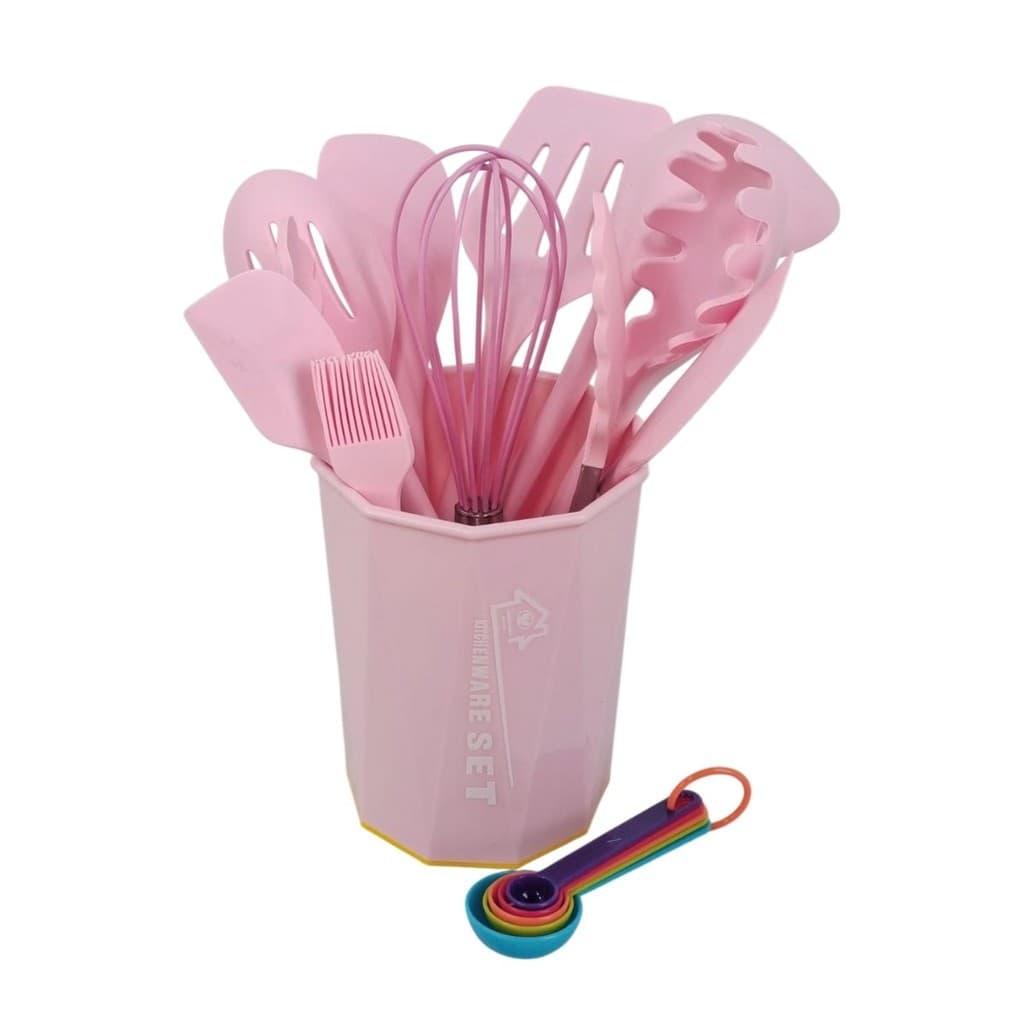Kit Utensílios De Cozinha Silicone Rosa 11 Peças Luxo Antiaderente Resistente Fácil Limpeza