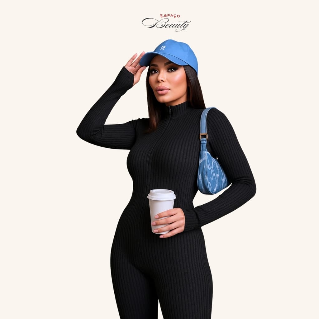 Macacão Feminino Manga Longa Canelado Premium Moda Gringa