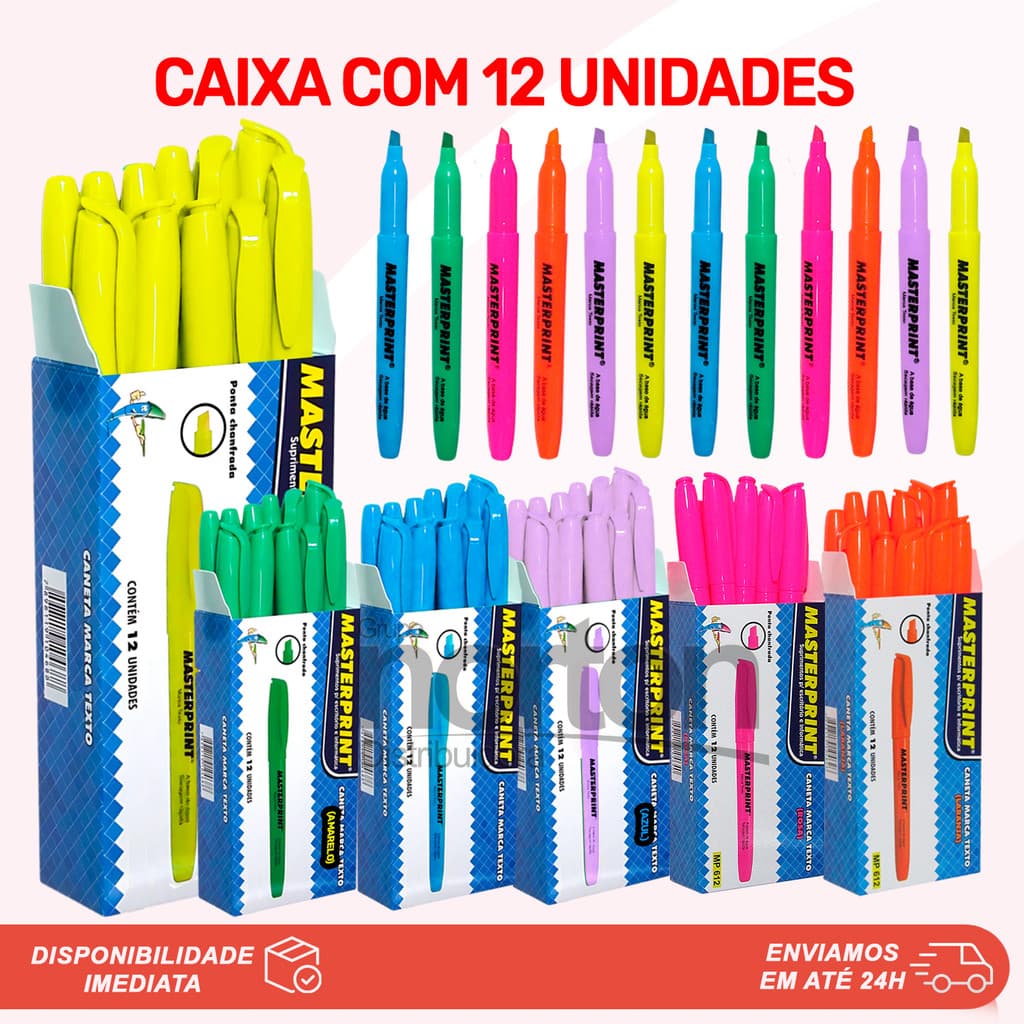 Kit 12 Unidades Marca Texto Masterprint Neon Grifa Texto Caixa