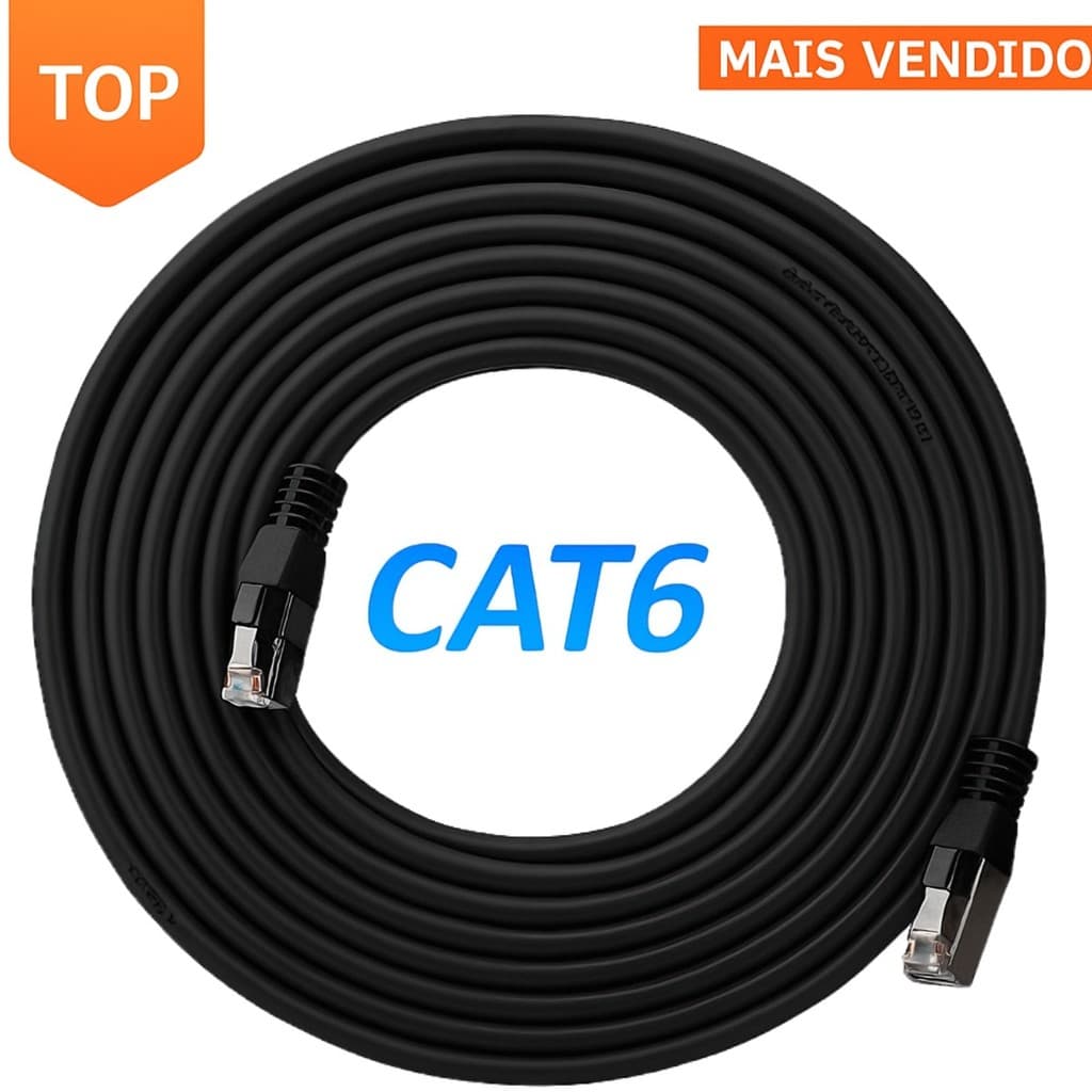 Cabo de Rede Cat6 PRETO C/ CONECTOR BLINDADO Alta Velocidade Internet - 5M a 30M (Interno/Externo)