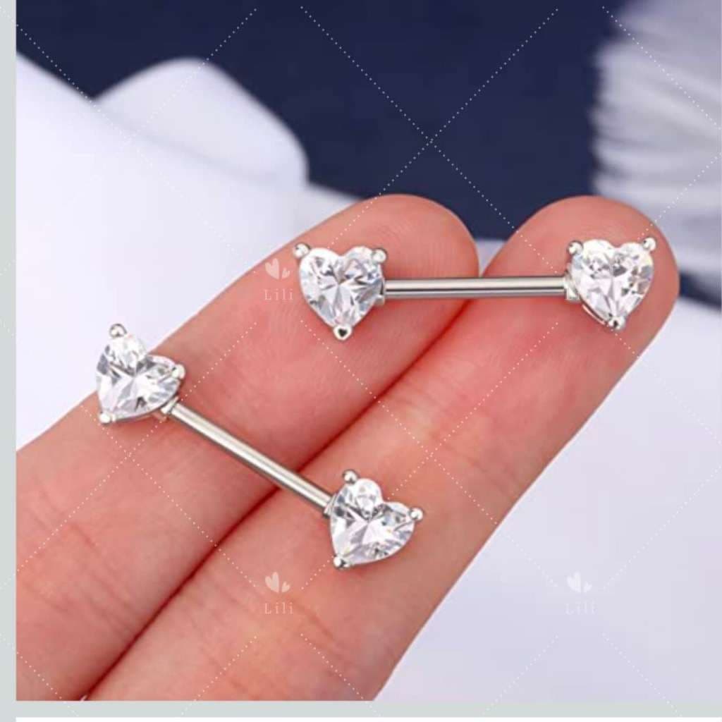 Kit 2 Piercing Aço Inox Mamilo Com Coração Zircônia