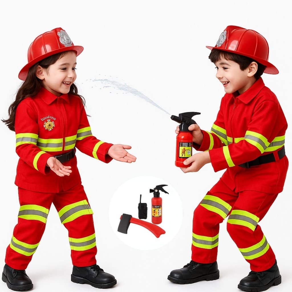 Fantasia Infantil Bombeiro Unissex Vermelha + Kit Brinquedos