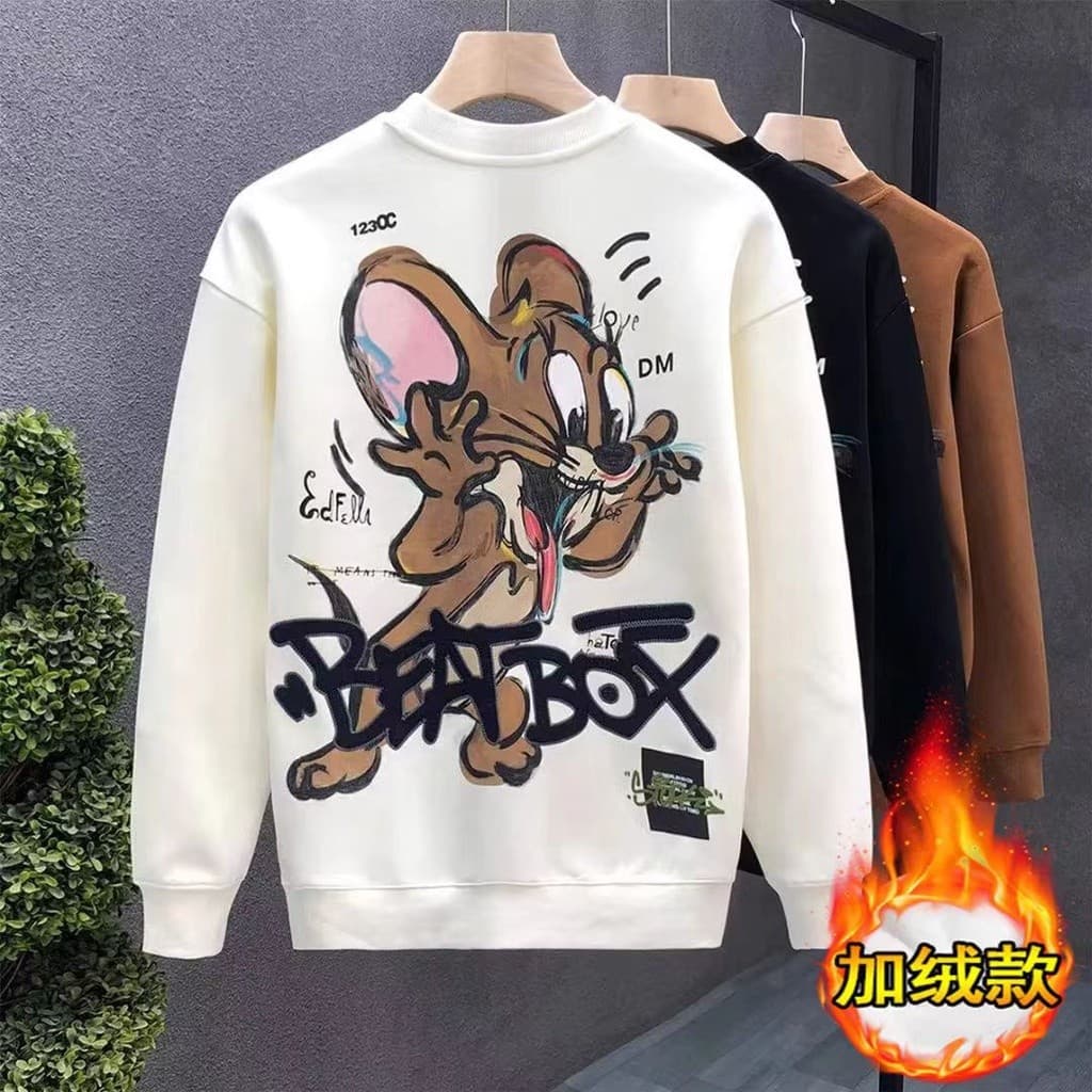 Versão coreana de desenho animado graffiti, suéter de gola redonda, homem de veludo, nova marca da moda, roupas de manga