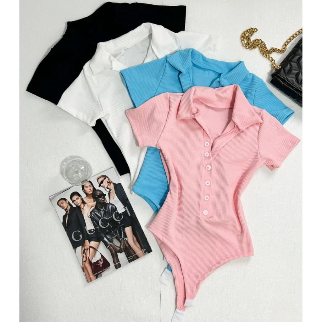 Body Polo Collat Manga Curta Com Botão Canelado Alta Qualidade