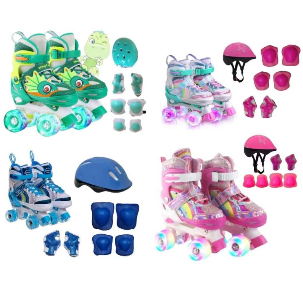 Patins Infantil Arco Íris Quad Com Ajuste De Tamanho Rodas Com Led Mais Kit Proteção Segurança