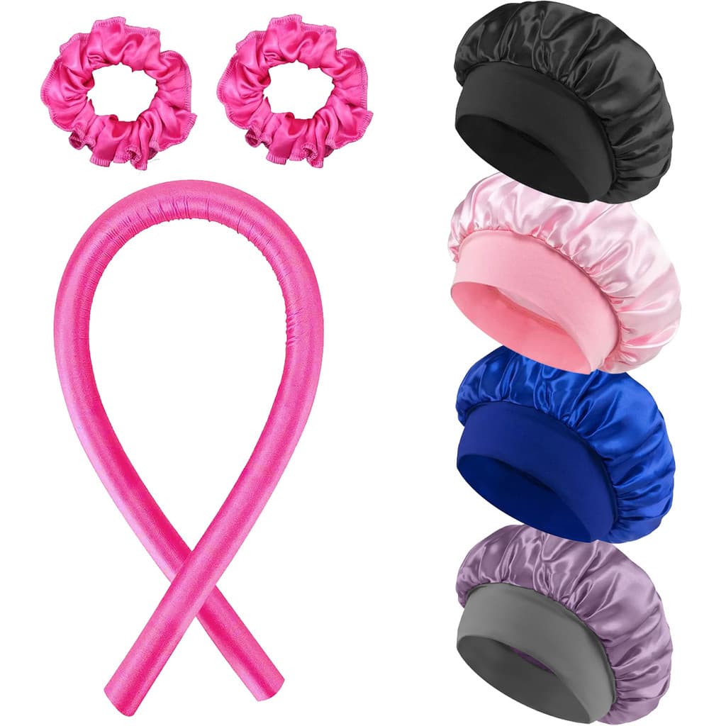 Kit Capilar de Cetim – Touca Antifrizz (Cores Variadas) + Modelador de Cachos Pink com 2 Scrunchies