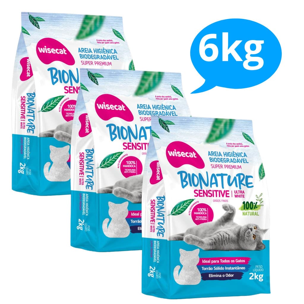 Kit 3 Areia Sanitária De Mandioca Grãos Finos Para Gatos Biodegradável Wisecat 6kg