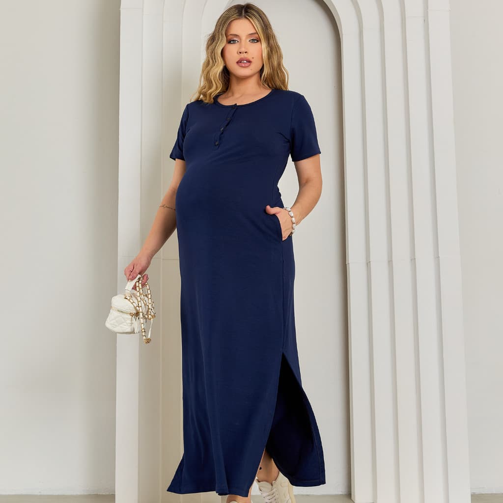 Vestido Gestante Moderno Botões Amamentar Com Fenda Lateral