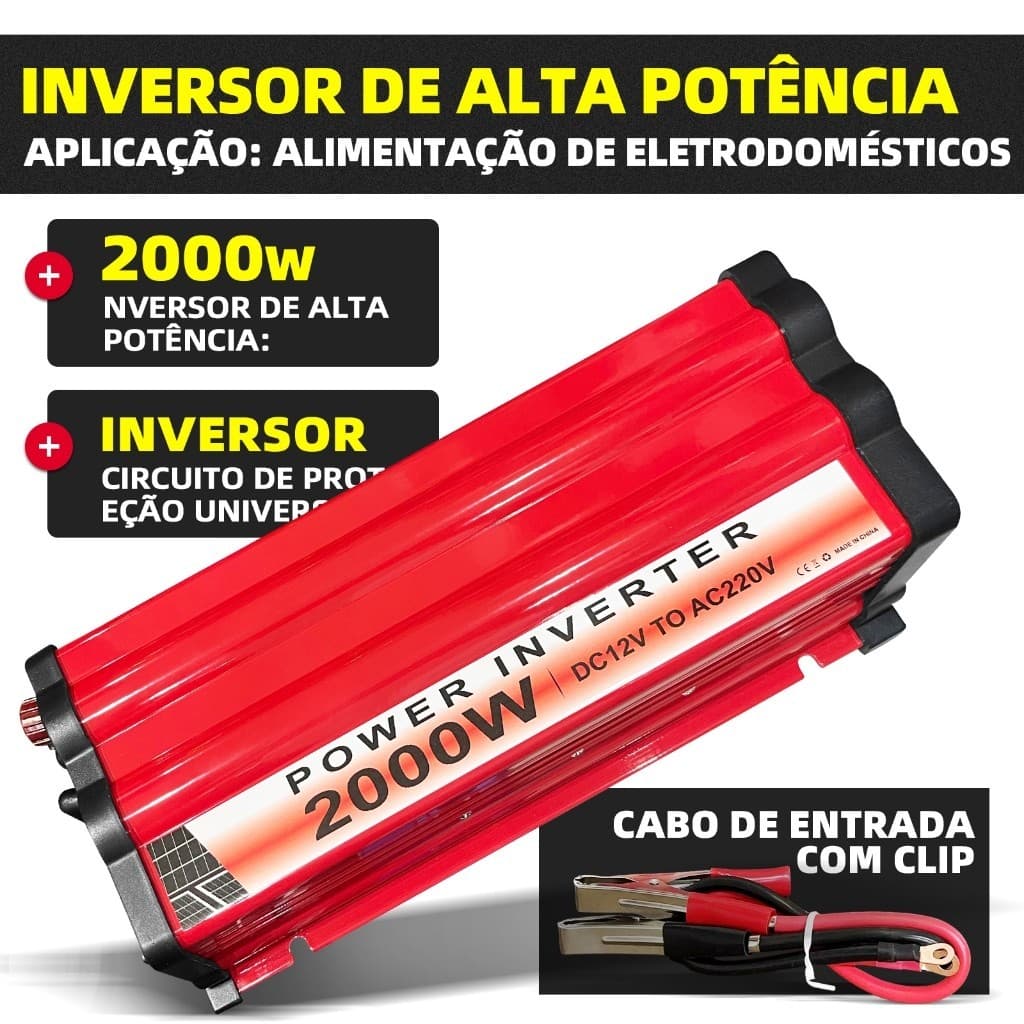 Inversor de Potência 2000W DC 12V para AC 220V Conversor de Energia para Eletrodomésticos e Veículos