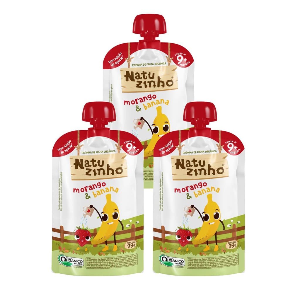 Kit Papinha Organica Natuzinho Morango Banana Bebe 3 unid