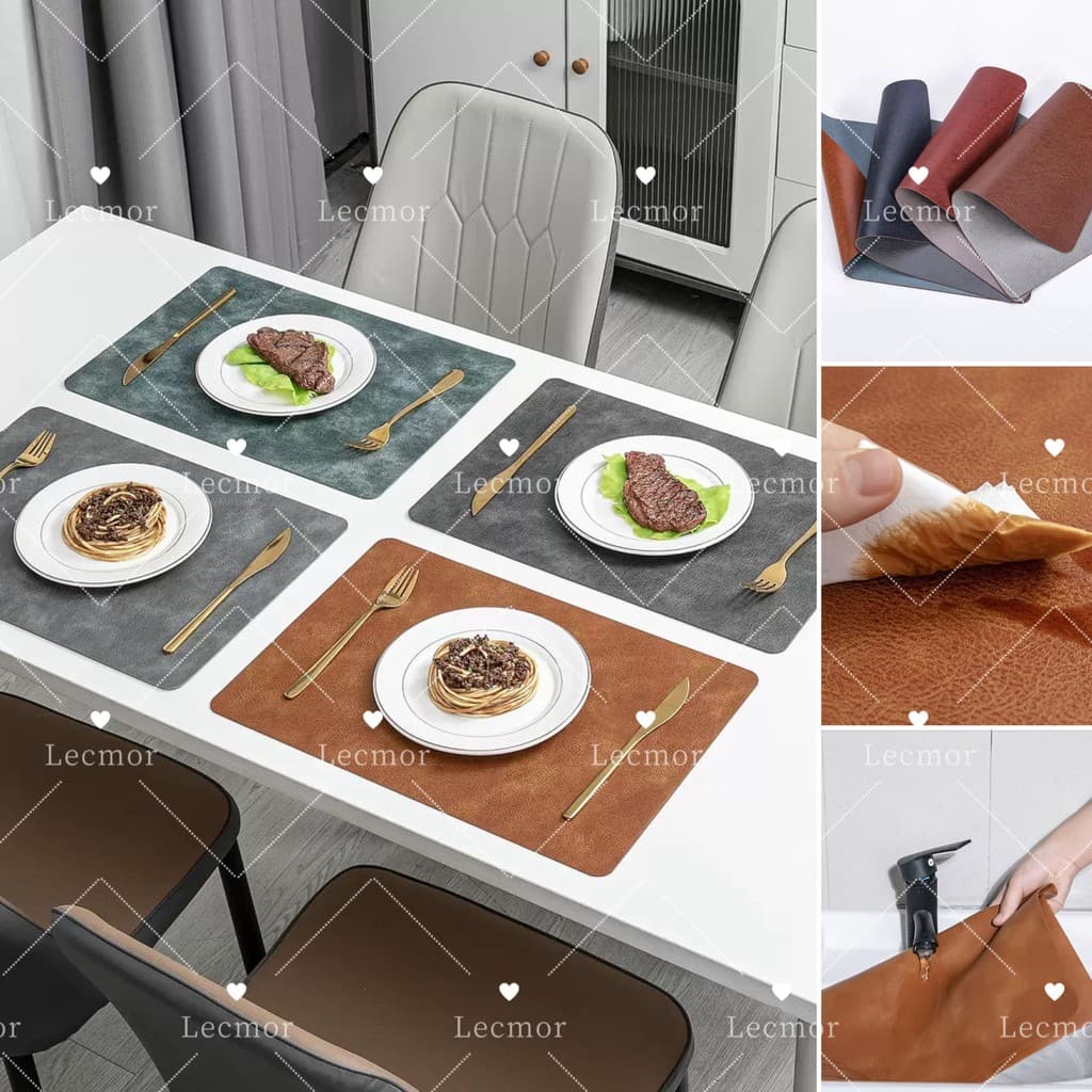 Kit 4-10 Jogo Americano Retangular Dupla Face em Couro PU À Prova d'Água e Óleo Fácil de Limpar