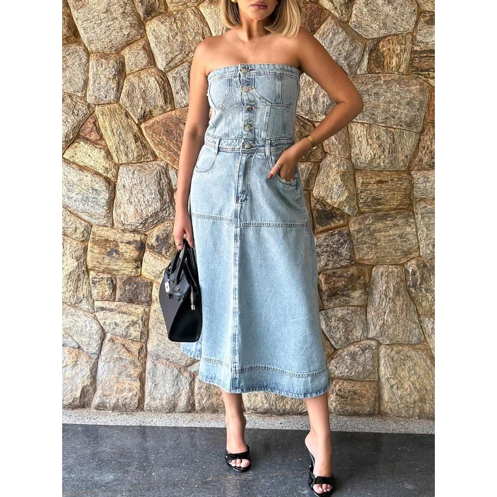 Coolestfeminina 1009 vestido midi jeans feminina sem manga lisa 1009 p36 M38 G40