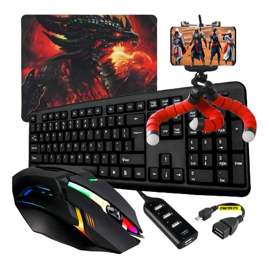 Kit Gamer Completo Mobilador Teclado Mouse Cor Preto Tipo C ou V8