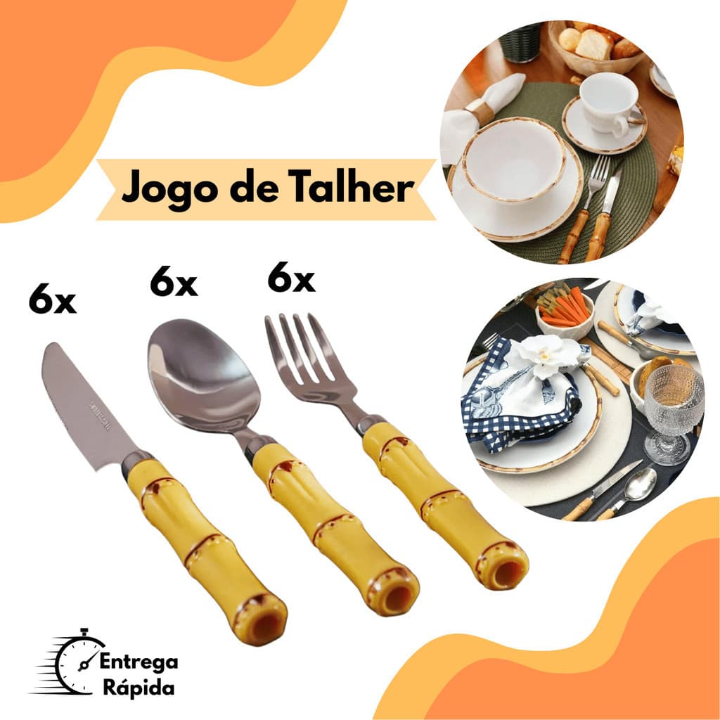 Conjunto Jogo de Talheres 18 Peças Faca Garfo Colher Aço Inox de Cabo Plástico Bambu