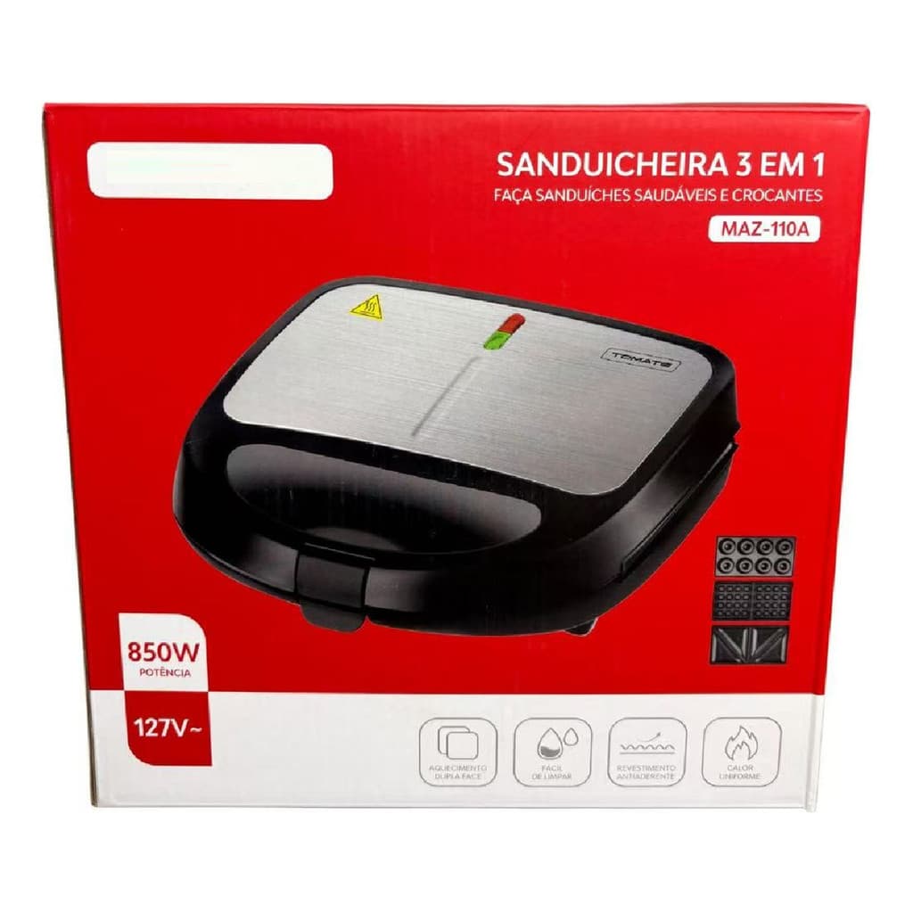Sanduicheira Elétrica 3 Em 1  850w 127v Compacta Inox Aikino