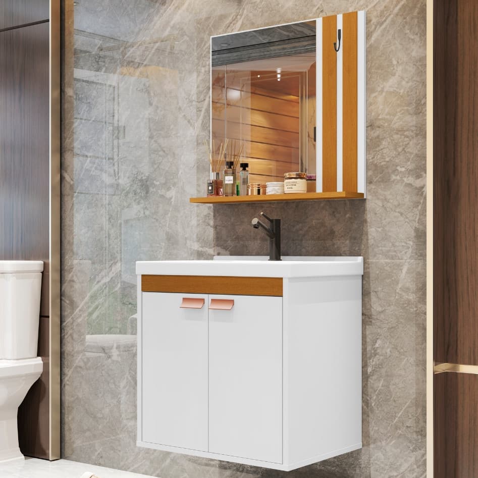 Gabinete Banheiro em MDF Com Espelho e Cuba Pallas Armário Espelheira