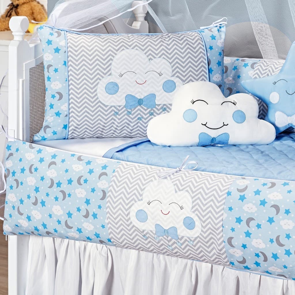 Kit Protetor Berço Lua Nuvem Azul Almofadas e Protetores 8 Peças Menino