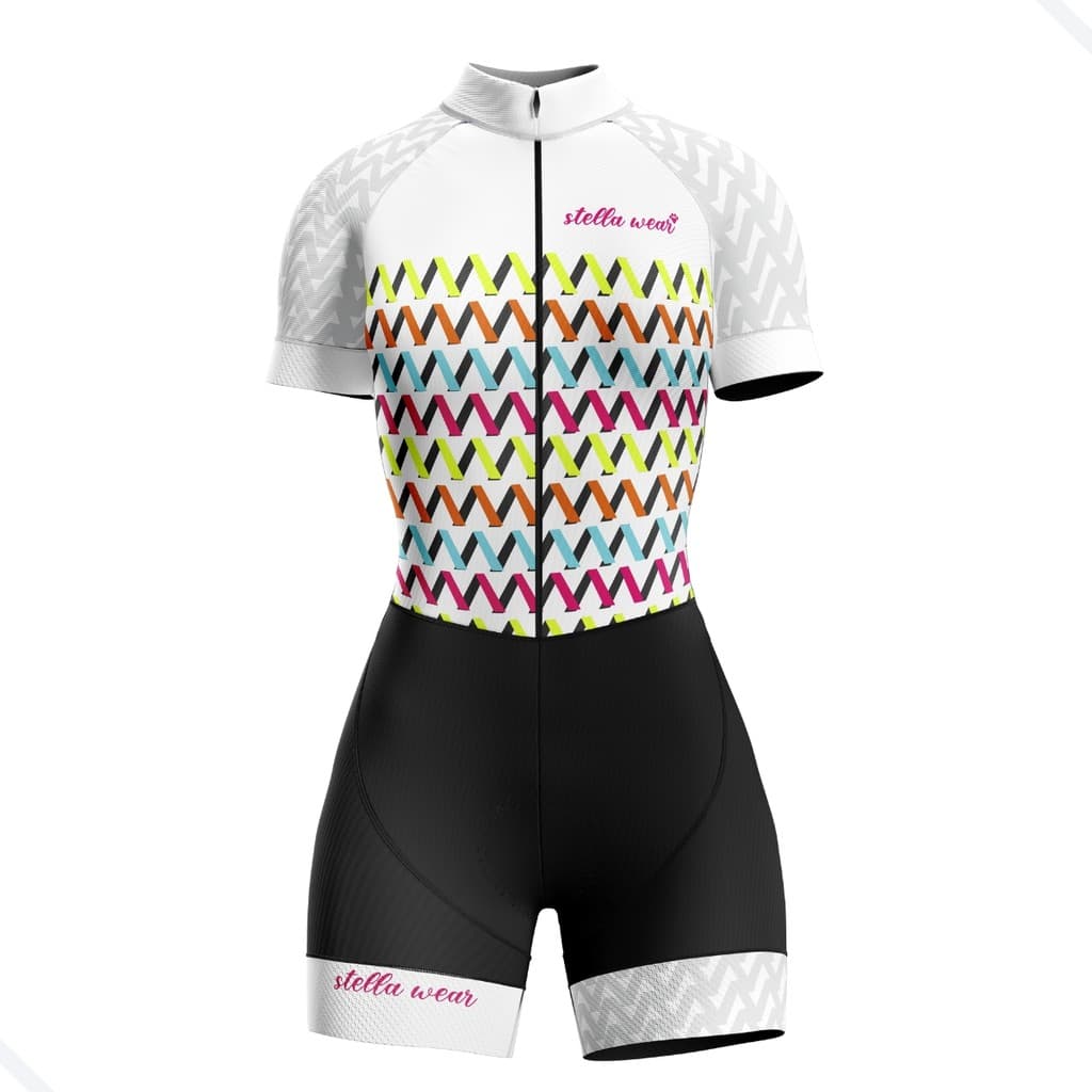 MACAQUINHO CICLISMO STELLA WEAR ZIG ZAG BRANCO COM BOLSOS UV