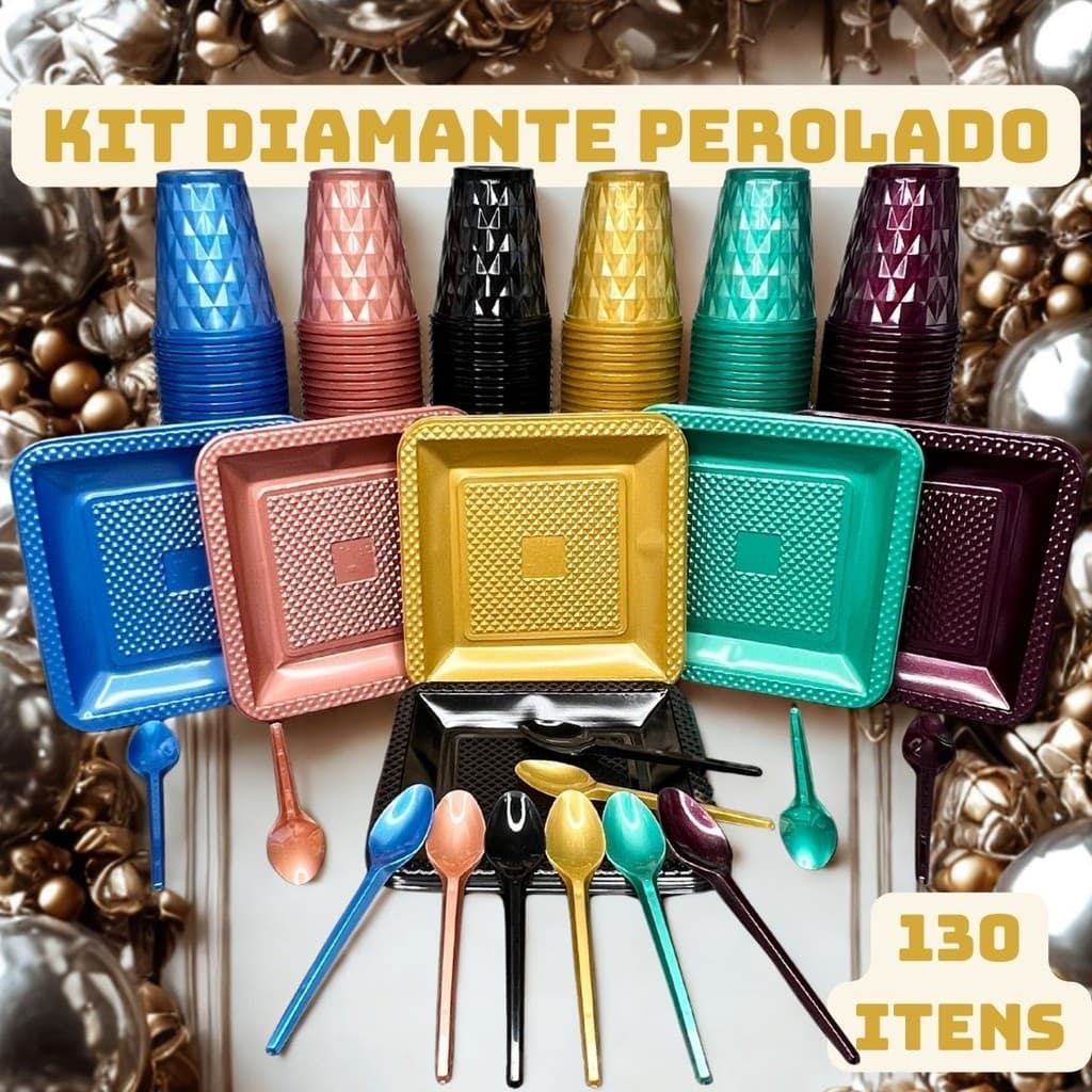 Kit 130 Itens Festa Aniversário Completo Perolado Descartável Luxo Pratinho Copo Colher P/ 40 Pessoas