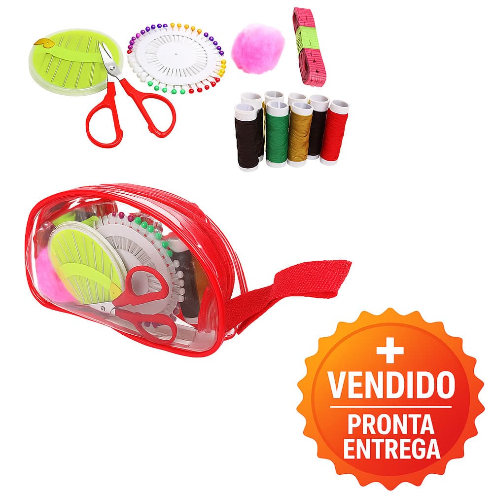 Kit de Costura Completo 13 peças Portátil Estojo com Linhas, Tesoura, Fitas, Agulhas e Alfinetes
