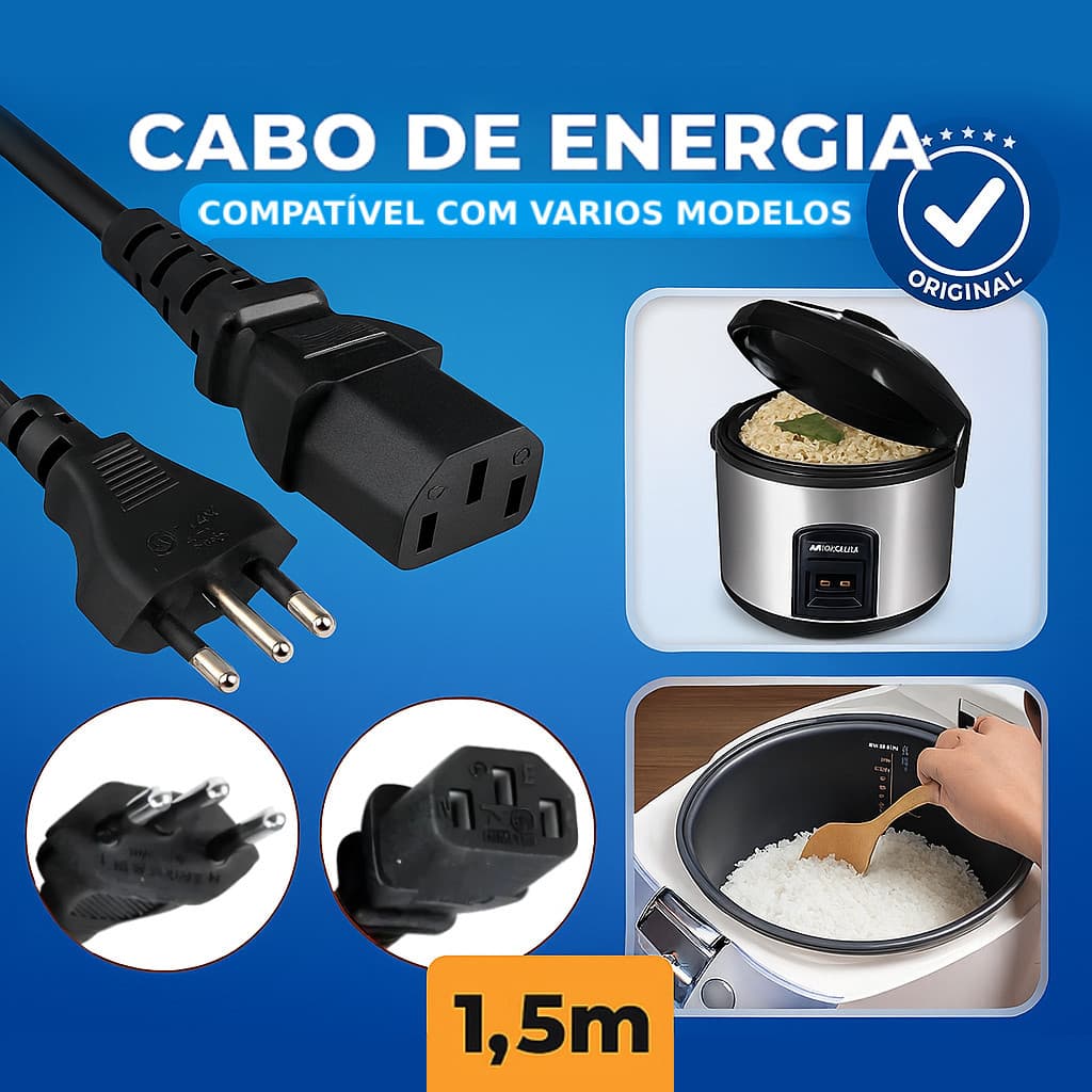 Tomada Para Panela Elétrica 3 Pinos 10A 1,5m Cabos Fio de Energia Cabo de Força Panela de Arroz