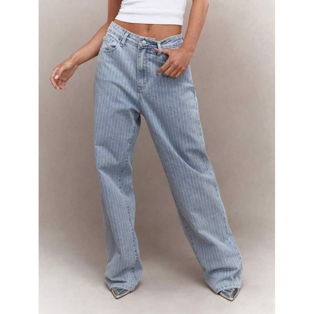 Coolestfemininay 8399 Calça jeans feminina  pantalona wide leg Denim Reto com Listras Laterais 8399