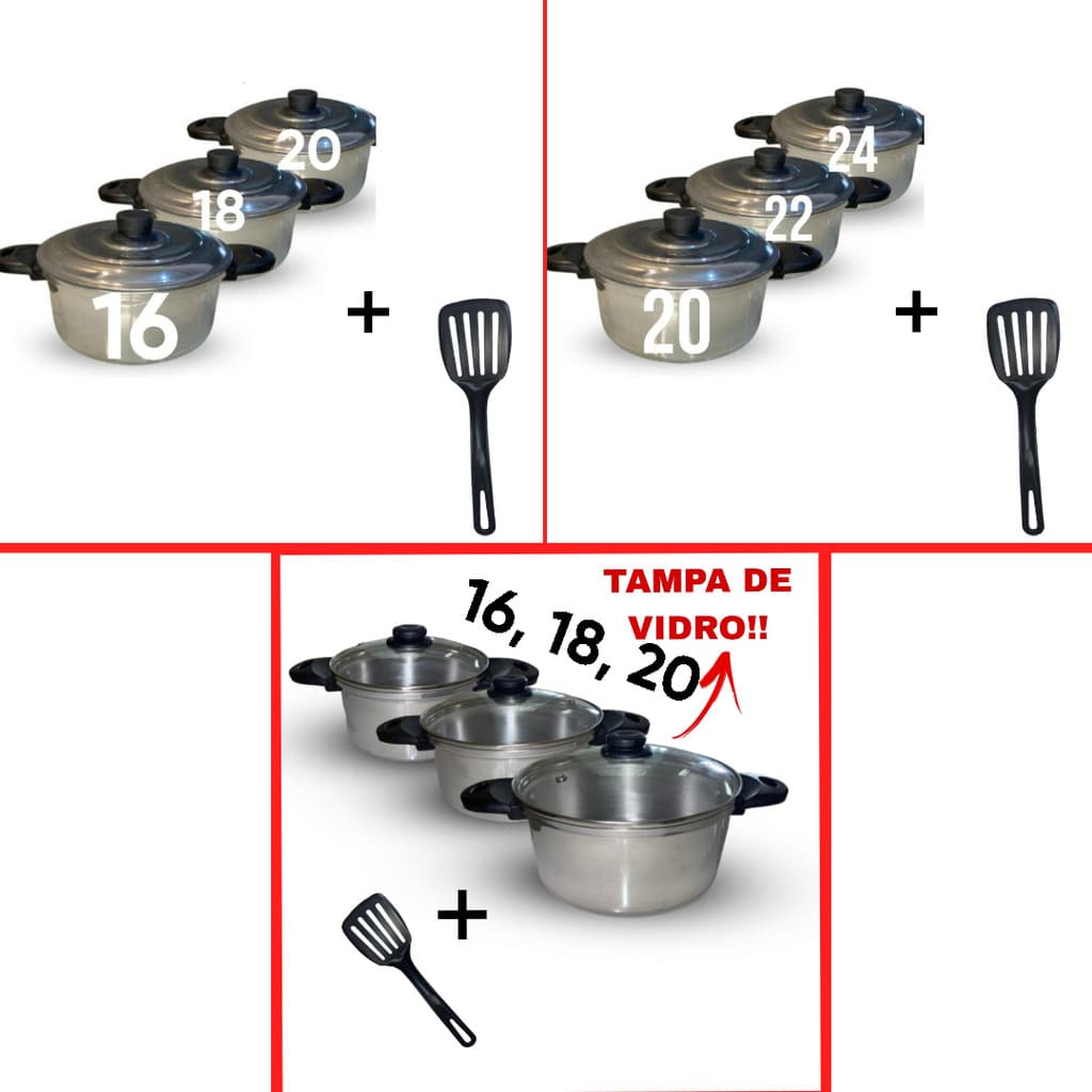 Kit 3 Caçarolas Panelas Alumínio Polido (16, 18 e 20)
