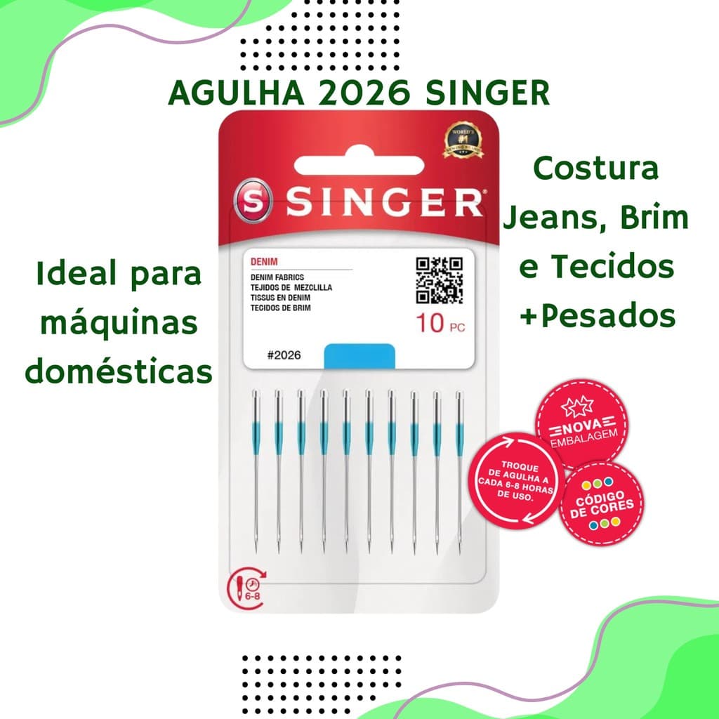 Agulha Singer 2026 Jeans Para Máquina Doméstica | Kit com 10 Unidades | Tecidos Jeans Brim Sarja