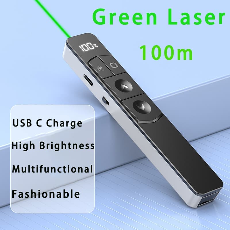 100m 2.4G Apresentador Sem Fio Multifuncional PPT Página Verde Vermelho Laser Caneta Giratória Ponteiro USB C De Carrega