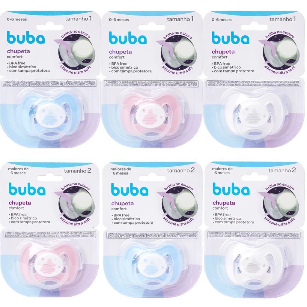 Chupeta Bebe Buba Bico Simétrico Anticolica com Tampa Protetora Brilha no Escuro 0 a 6 e 6+ meses