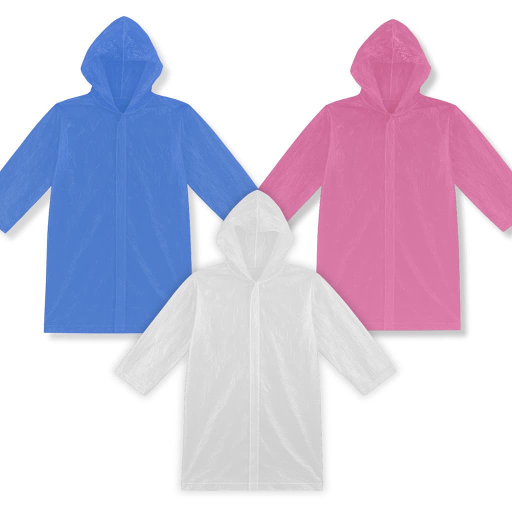 30 Unidades Capas de Chuva Infantil Descartável com Capuz TJ Plass Manga Longa, Polietileno, Cores Variadas