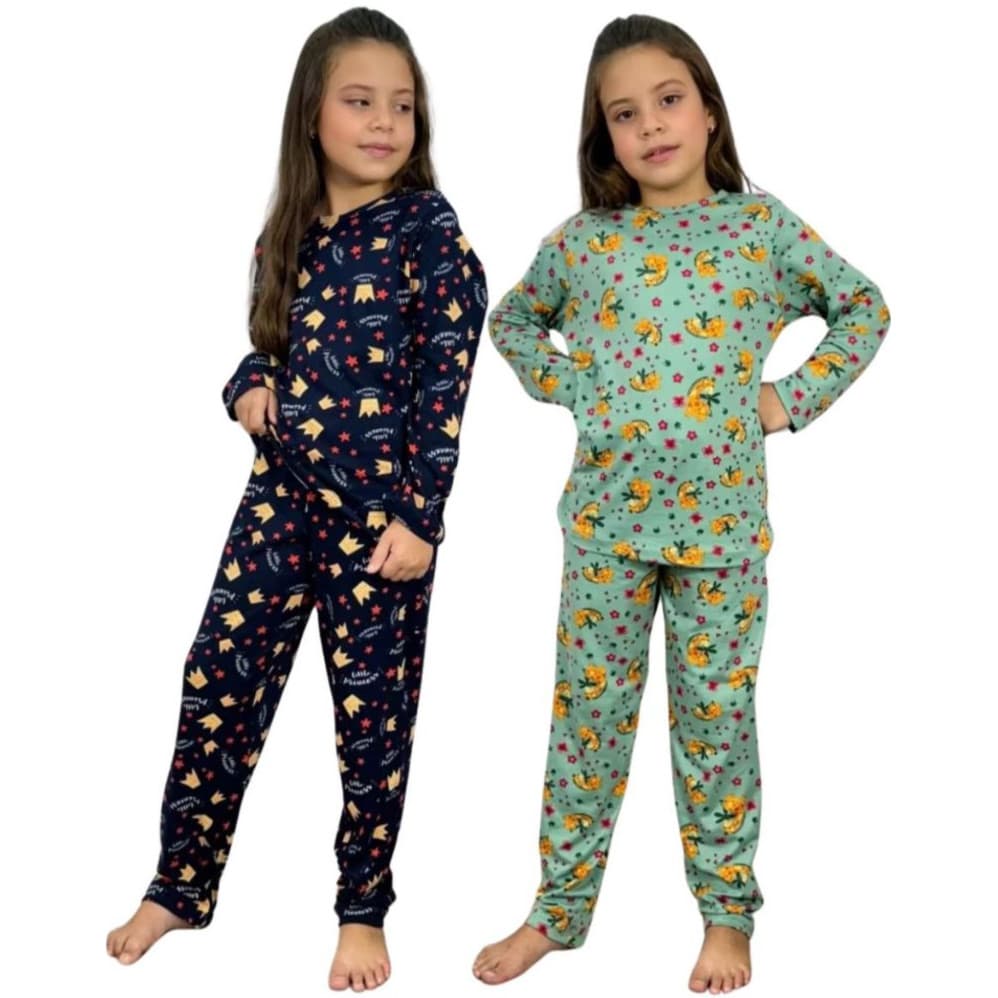 Kit 2 Pijama Estampado Manga Longa Inverno Menina Criança Suede Calça Blusa Conjunto Frio Infantil