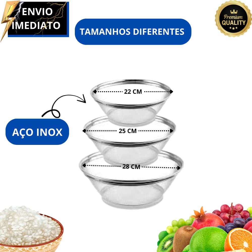Kit 3 Cestas Escorredor Inox Multiuso – Frutas, Verduras, Arroz e Massas